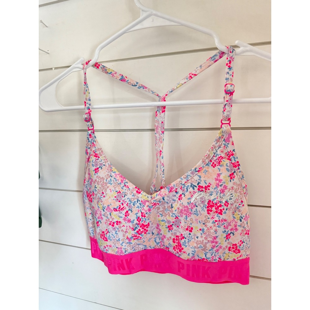PINK by Victoria's Secret Sports Bra Floral Print Racerback Pink Logo Band S‎ M